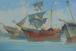 Continental boats at a harbour, indistinctly signed, possibly Greek, early C20th oil on board,