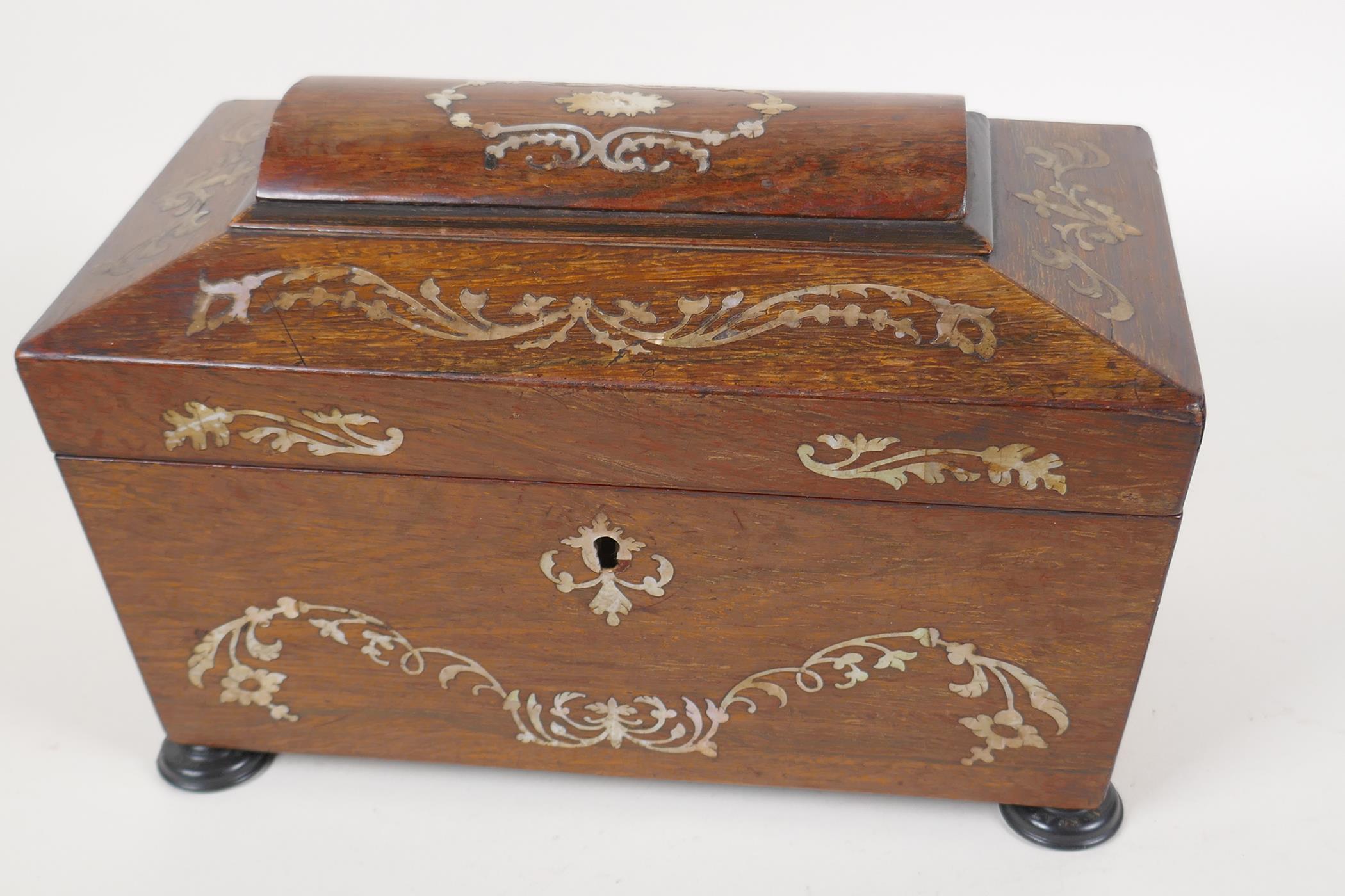 A C19th mother of pearl inlaid rosewood sarcophagus shaped tea caddy, no interior, 10" x 5½" x 6" - Image 2 of 6