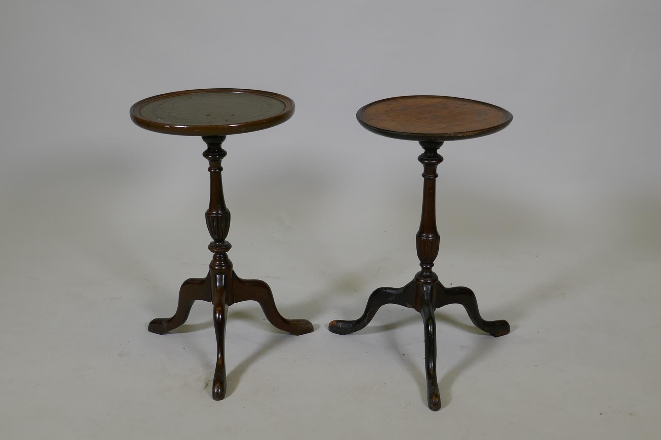 Two pedestal wine tables, one with leather inset top, 20" high, 12" diameter