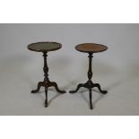 Two pedestal wine tables, one with leather inset top, 20" high, 12" diameter