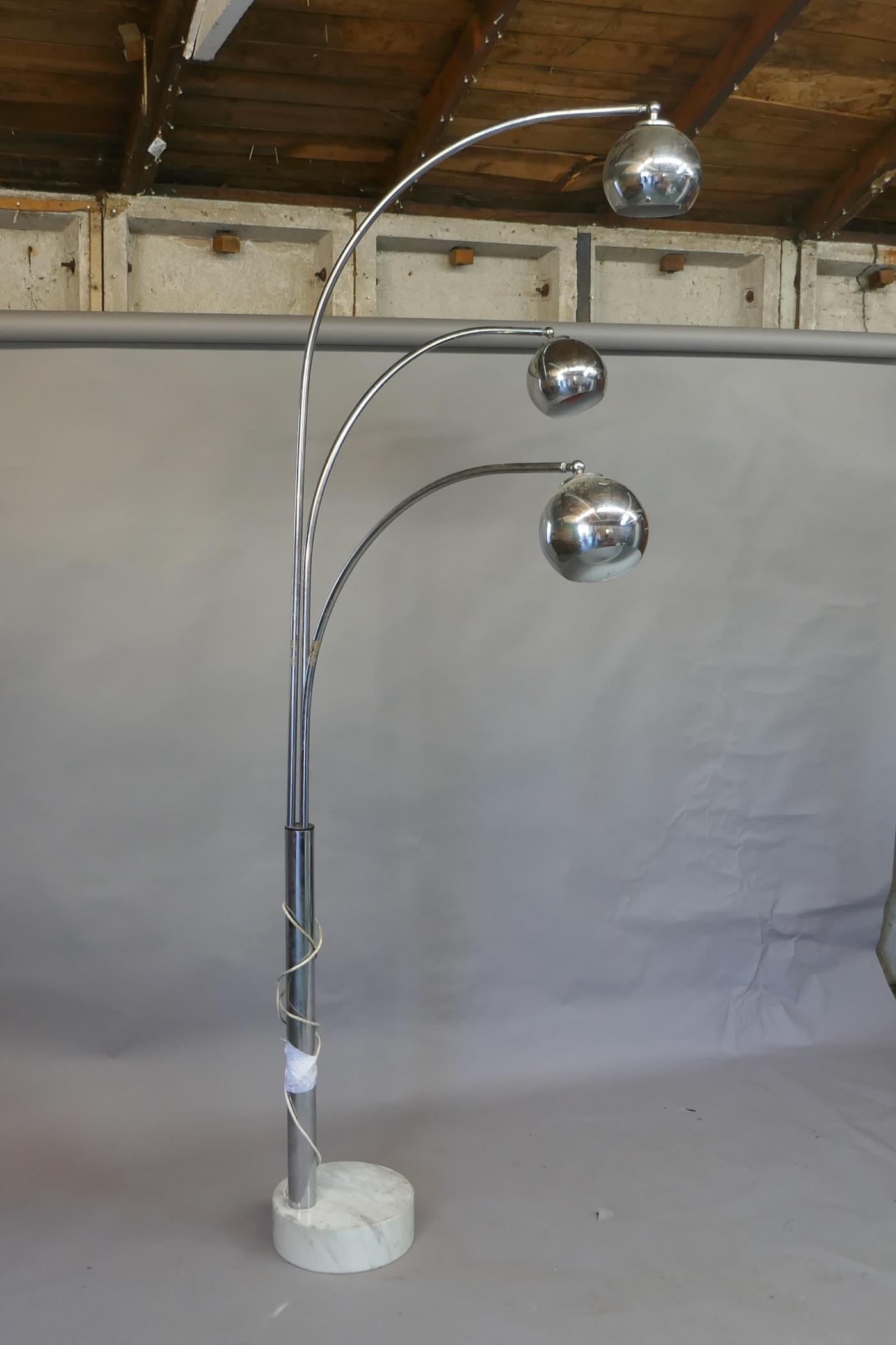 A 1970s/80s chrome three branch standard lamp with a marble base, 91" high - Image 3 of 3