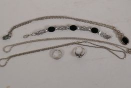 Silver costume jewellery, a Celtic design pendant necklace and bracelet, two long multilink chains