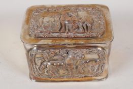 A C19th silver plated tea caddy with applied raised plaques depicting horse racing scenes, 6½"  x