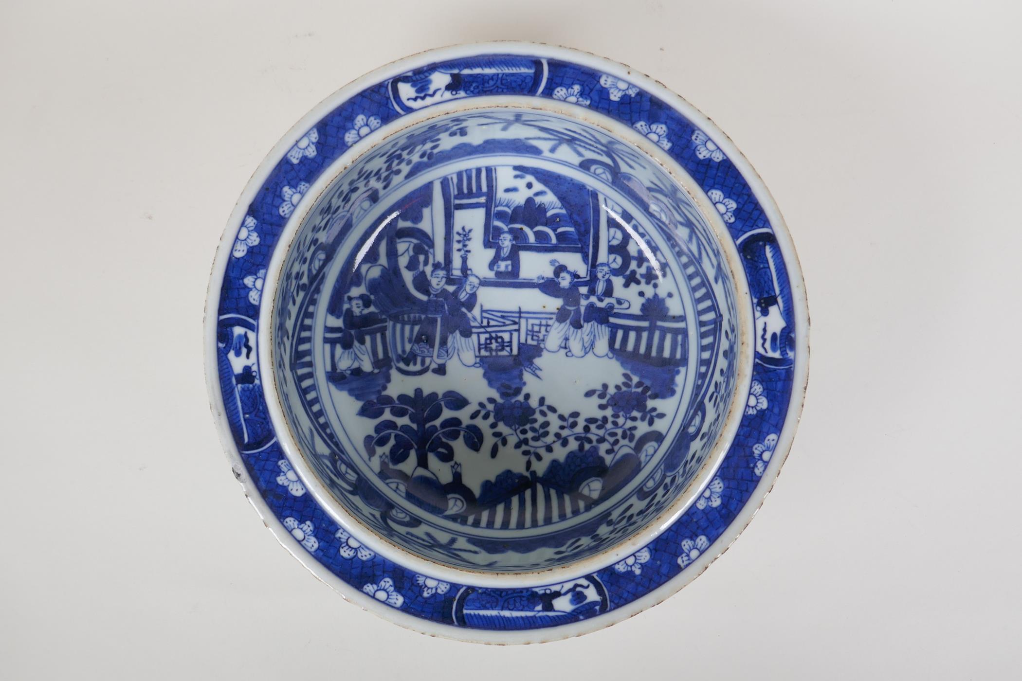 A Chinese Republic period blue and white porcelain steep sided bowl, decorated with figures in a - Image 2 of 5