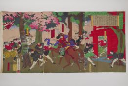 Adachi Ginko, (Japanese, 1853-?), Kagoshima Newspaper - Forest Battle, Meiji Ukiyo-e triptych