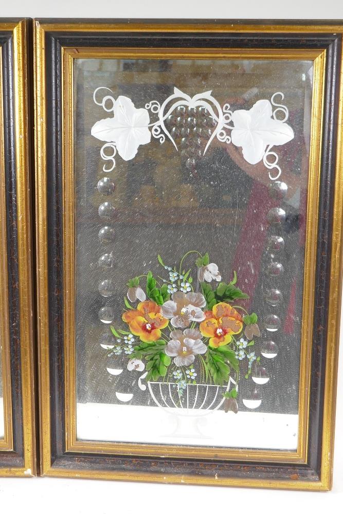A pair of late C19th/early C20th bevelled glass mirrors with reverse painted and cut decoration, - Image 3 of 5