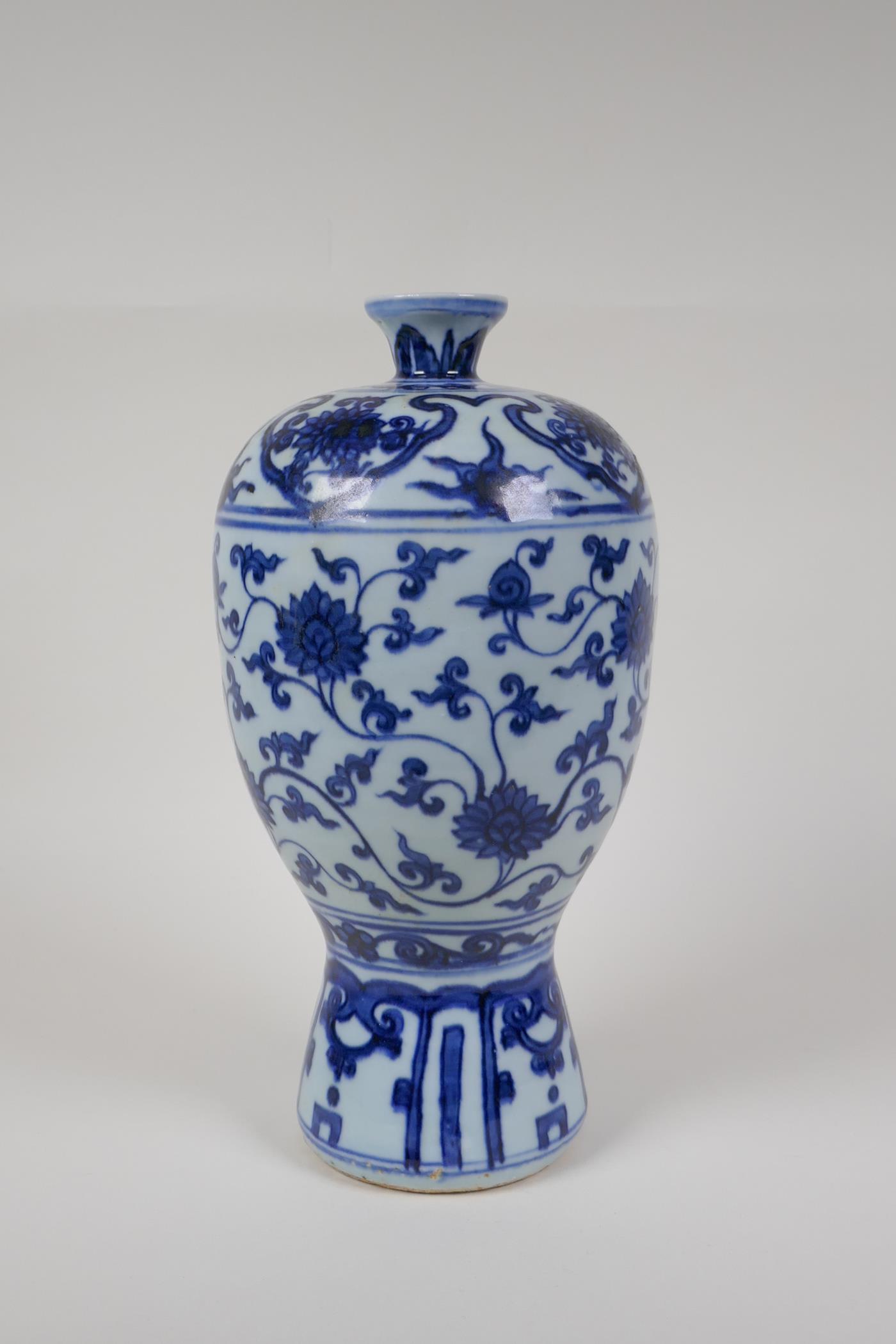 A Chinese ming style blue and white porcelain vase with scrolling lotus flower pattern, 11½" high - Image 3 of 8