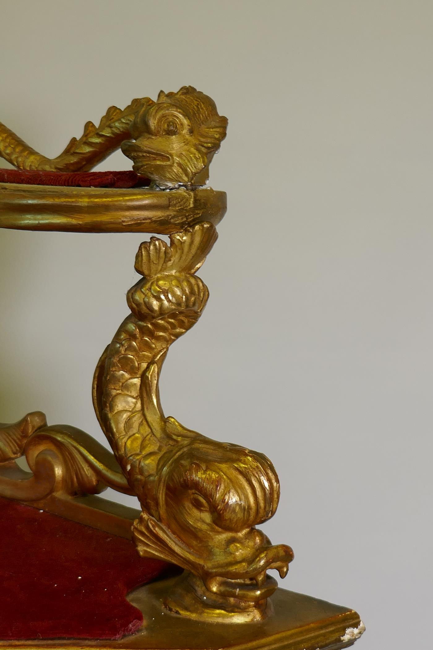 A C19th Italian giltwood corner cabinet, the top with an open shelf supported by dolphins, the - Image 3 of 11