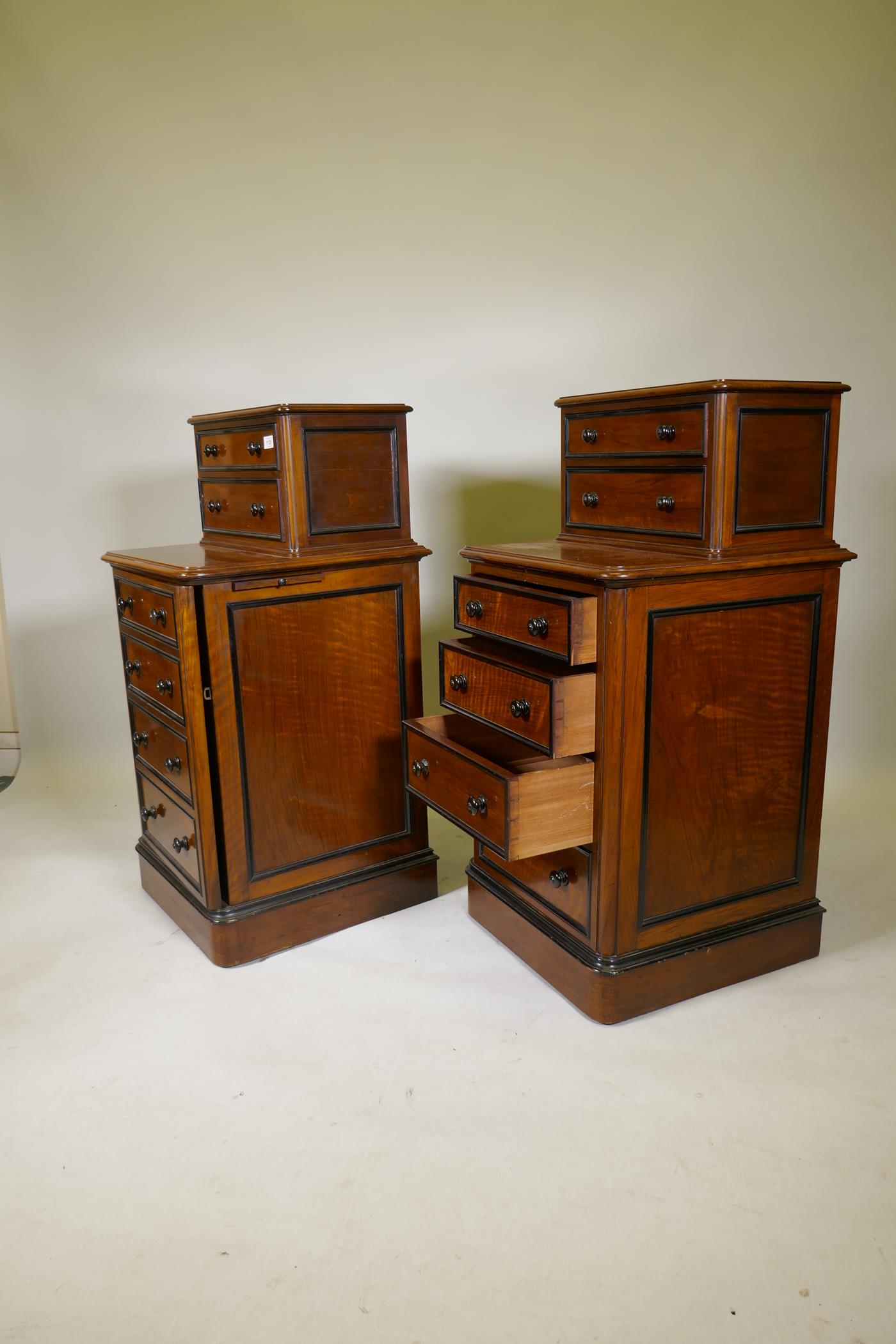 A pair of C19th walnut cabinets with ebony mouldings, one with six drawers, the other two drawers - Image 6 of 8