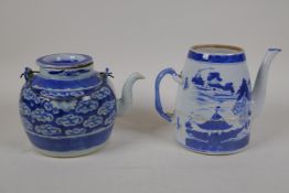 A Chinese blue and white porcelain teapot with bat decoration and another with riverside landscape