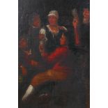 Revellers in an interior, late C18th, oil on canvas laid on board in heavy gilt frame, 10½"  x 8½"