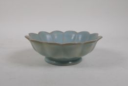 A Chinese Ru ware style porcelain bowl of lotus flower form, with chased and gilt character