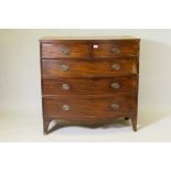A C19th  mahogany bowfront chest of two over three drawers, with brass plated handles, raised on