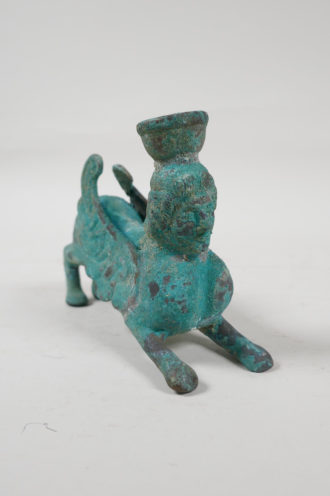 An antique bronze candlestick in the form of a Harpy, with verdigris patina, 5½" long - Image 3 of 5
