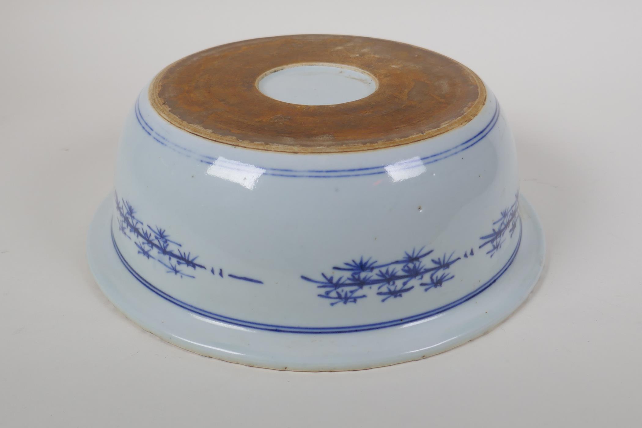 A Chinese Republic period blue and white porcelain steep sided bowl, decorated with figures in a - Image 5 of 5
