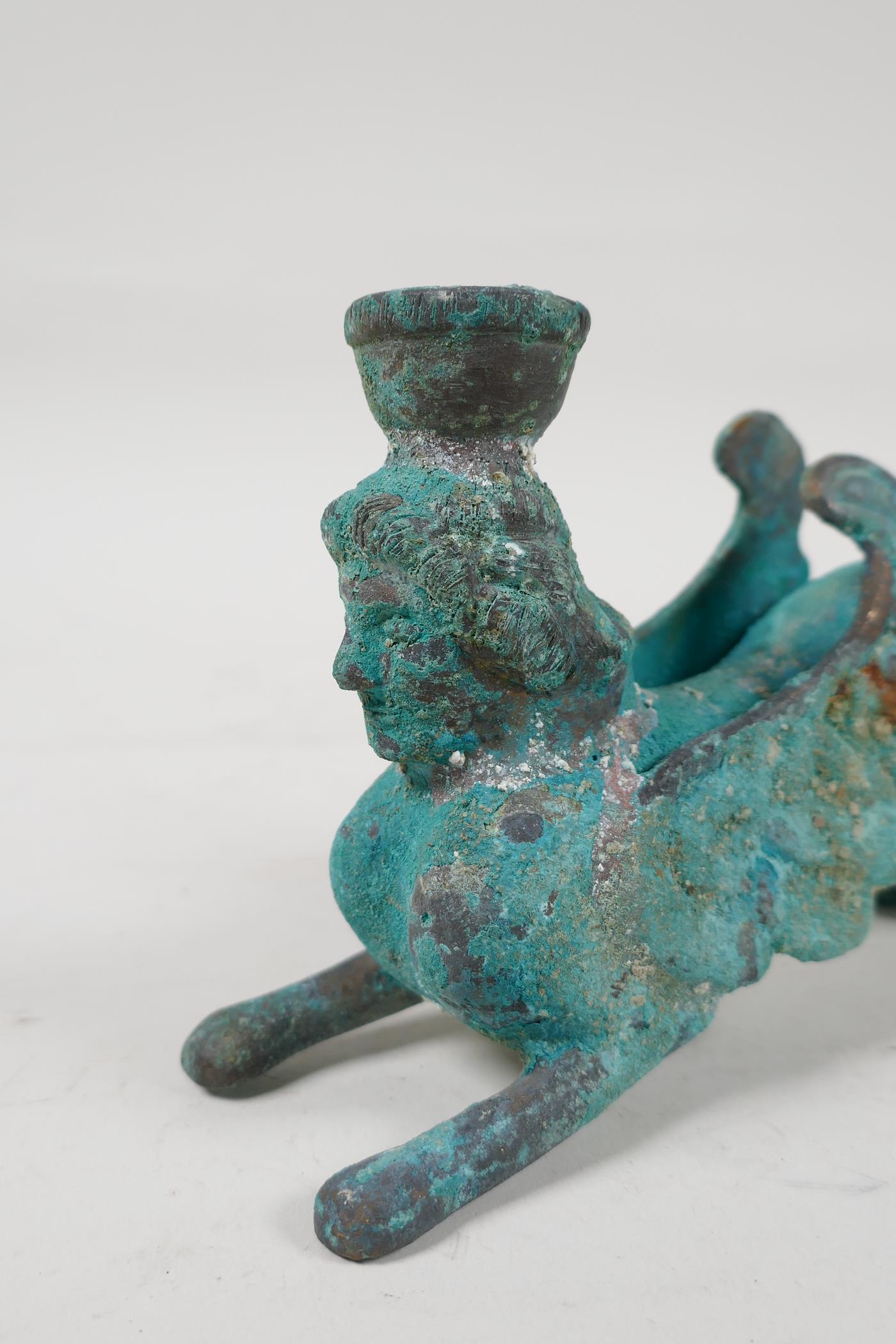 An antique bronze candlestick in the form of a Harpy, with verdigris patina, 5½" long - Image 5 of 5