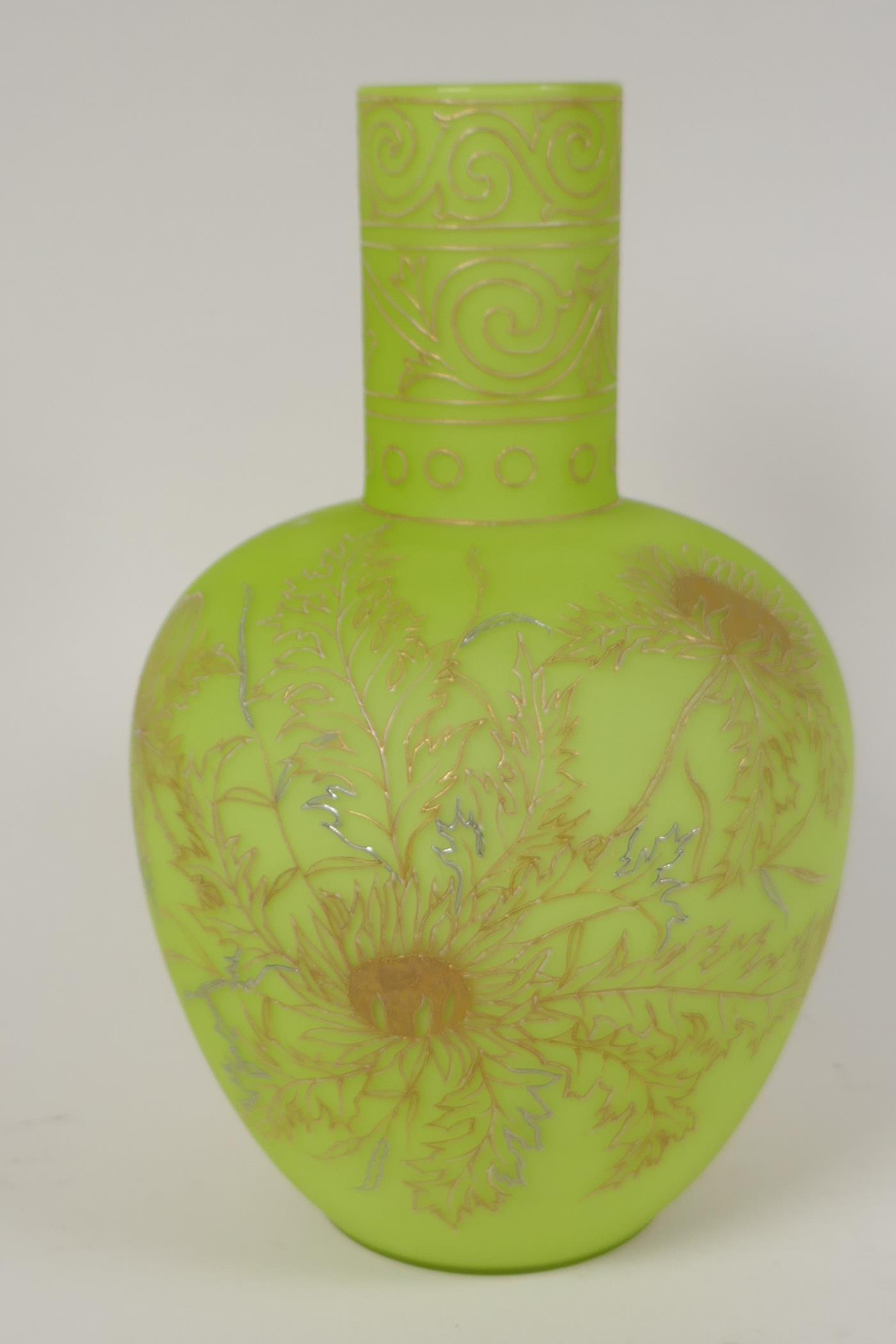 A C19th satin glass vase with delicate applied gilt floral decoration 10" high - Image 3 of 6