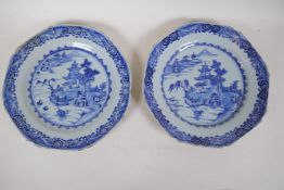 A pair of C19th Chinese export ware blue and white octagonal plates, decorated with a variation on