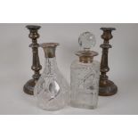 Two C19th cut glass decanters with hallmarked silver collars (1 stopper missing) and a pair of