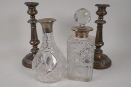 Two C19th cut glass decanters with hallmarked silver collars (1 stopper missing) and a pair of