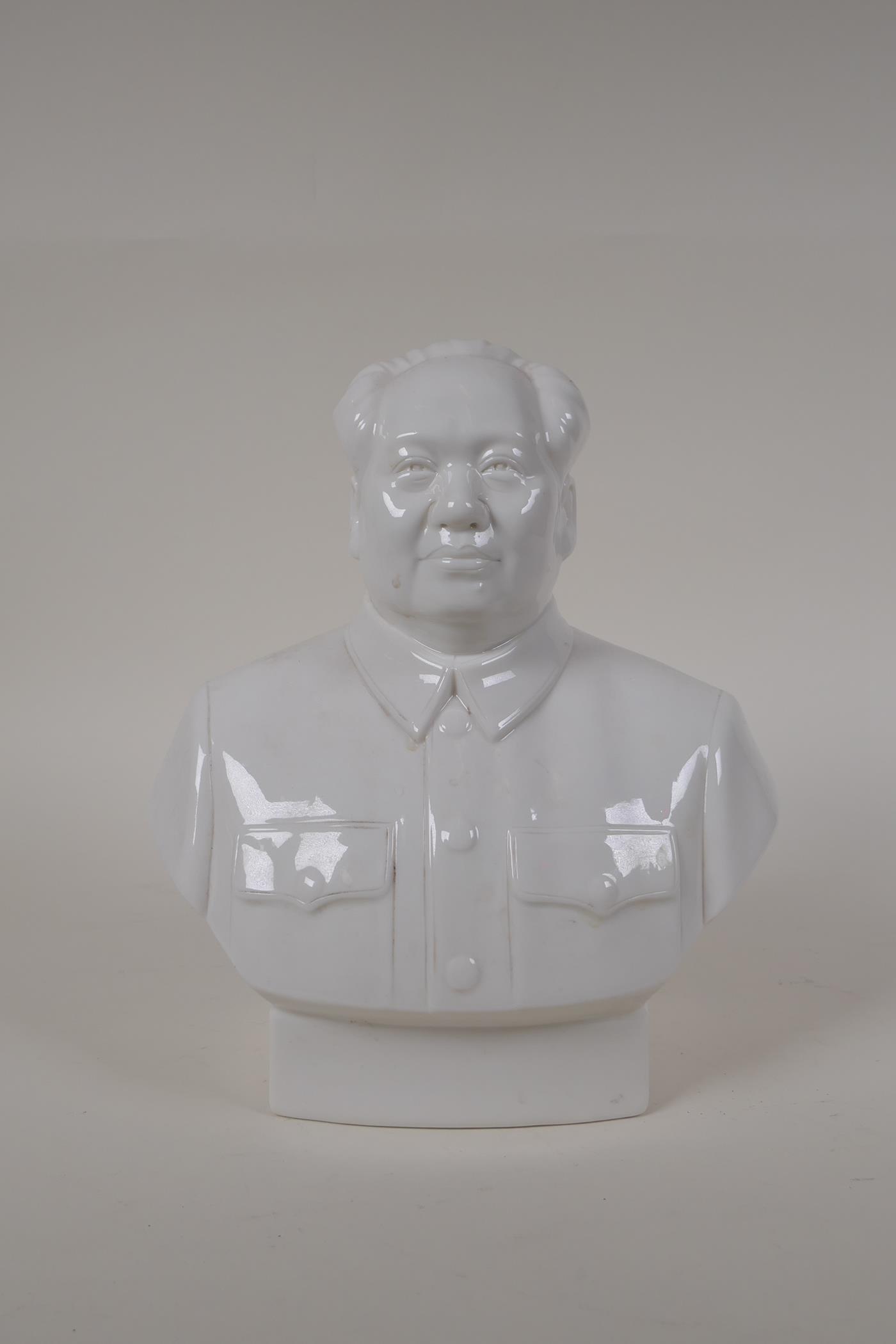 A Chinese blanc de chine porcelain bust of Mao, 9" high