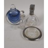 A studio glass perfume bottle by David Wallace, stopper AF, and Art Deco glass atomiser, a cut glass