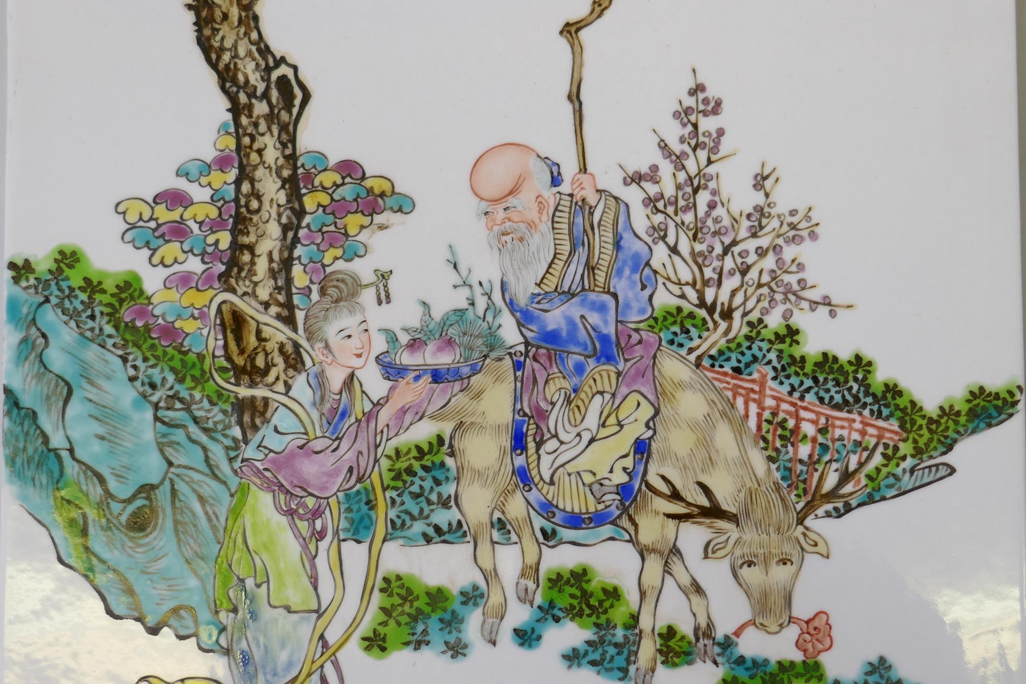 A Chinese porcelain plaque decorated in enamels with a painting of Shao Lao accepting an offering, - Image 4 of 5