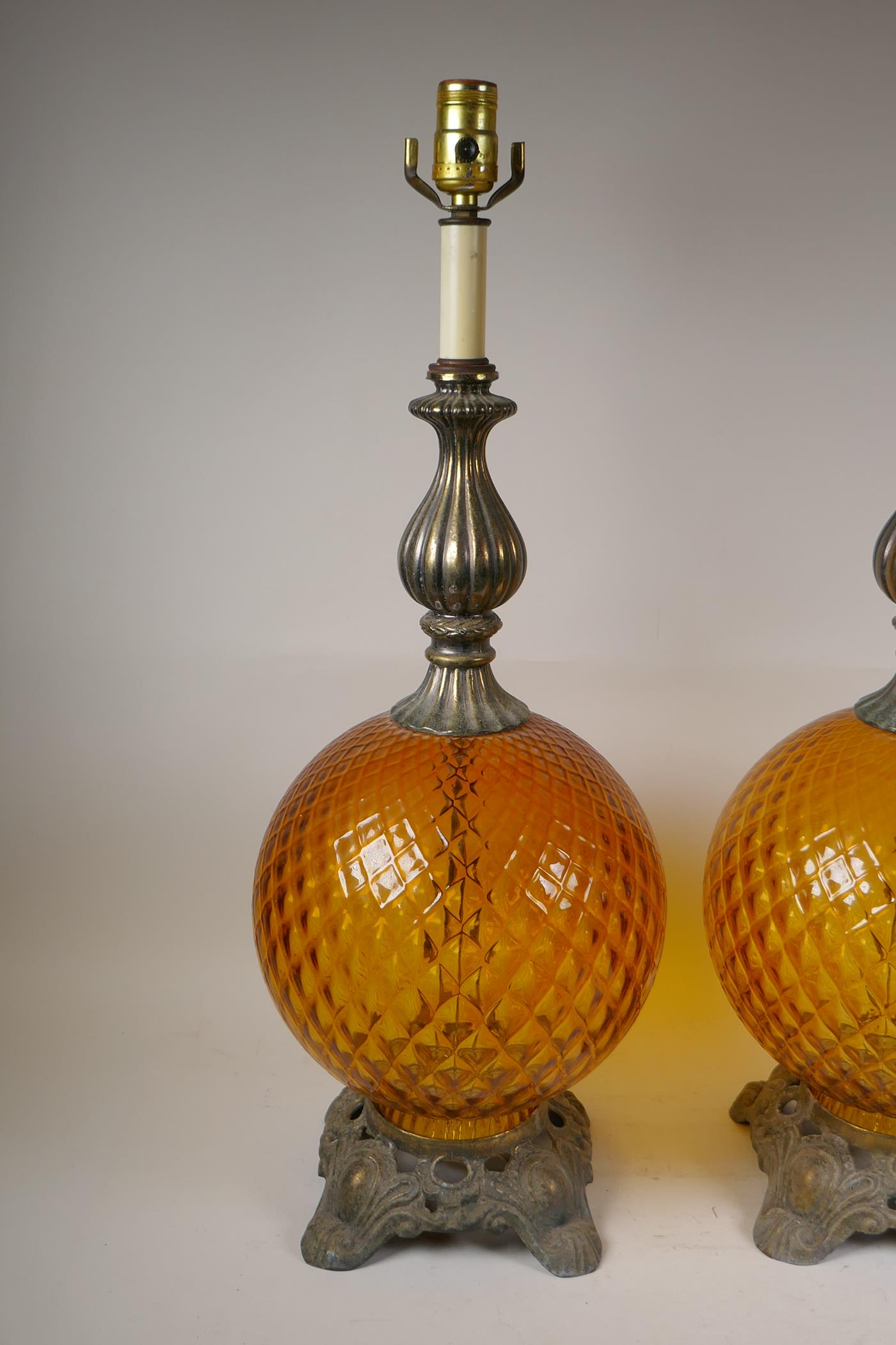 A pair of amber glass and gilt metal mounted lamps, 26" high - Image 3 of 3