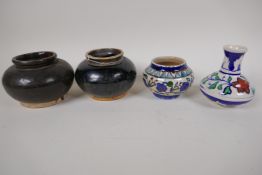 Two Indian pottery squat jars, a similar eastern jar and a vase, 4" high