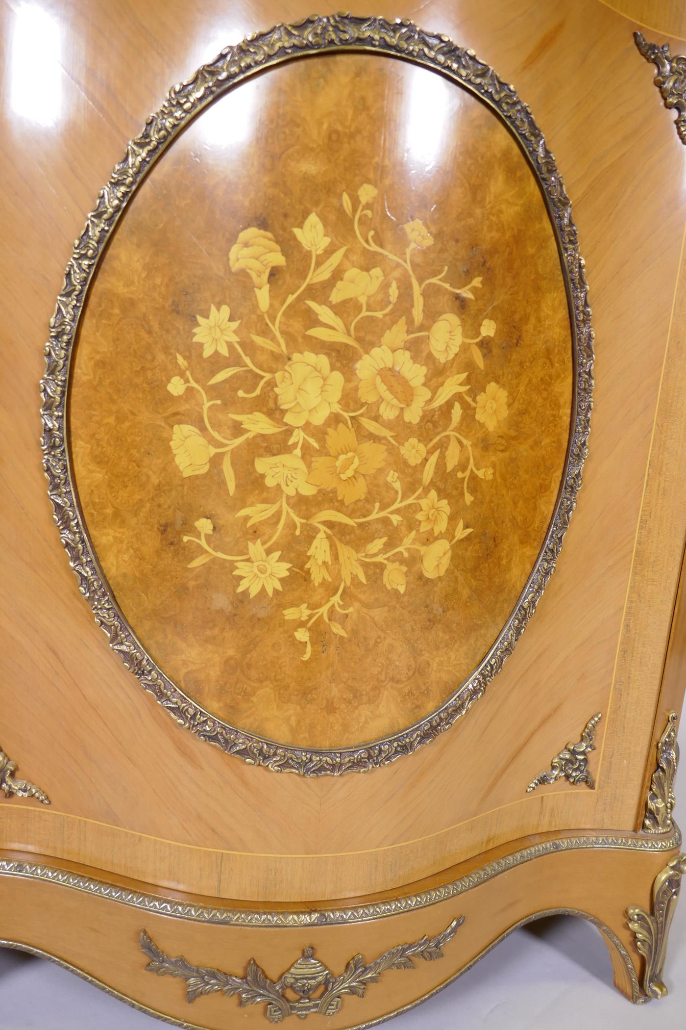 A French style tulipwood serpentine fronted cabinet with marquetry inlaid decoration and brass - Image 8 of 9