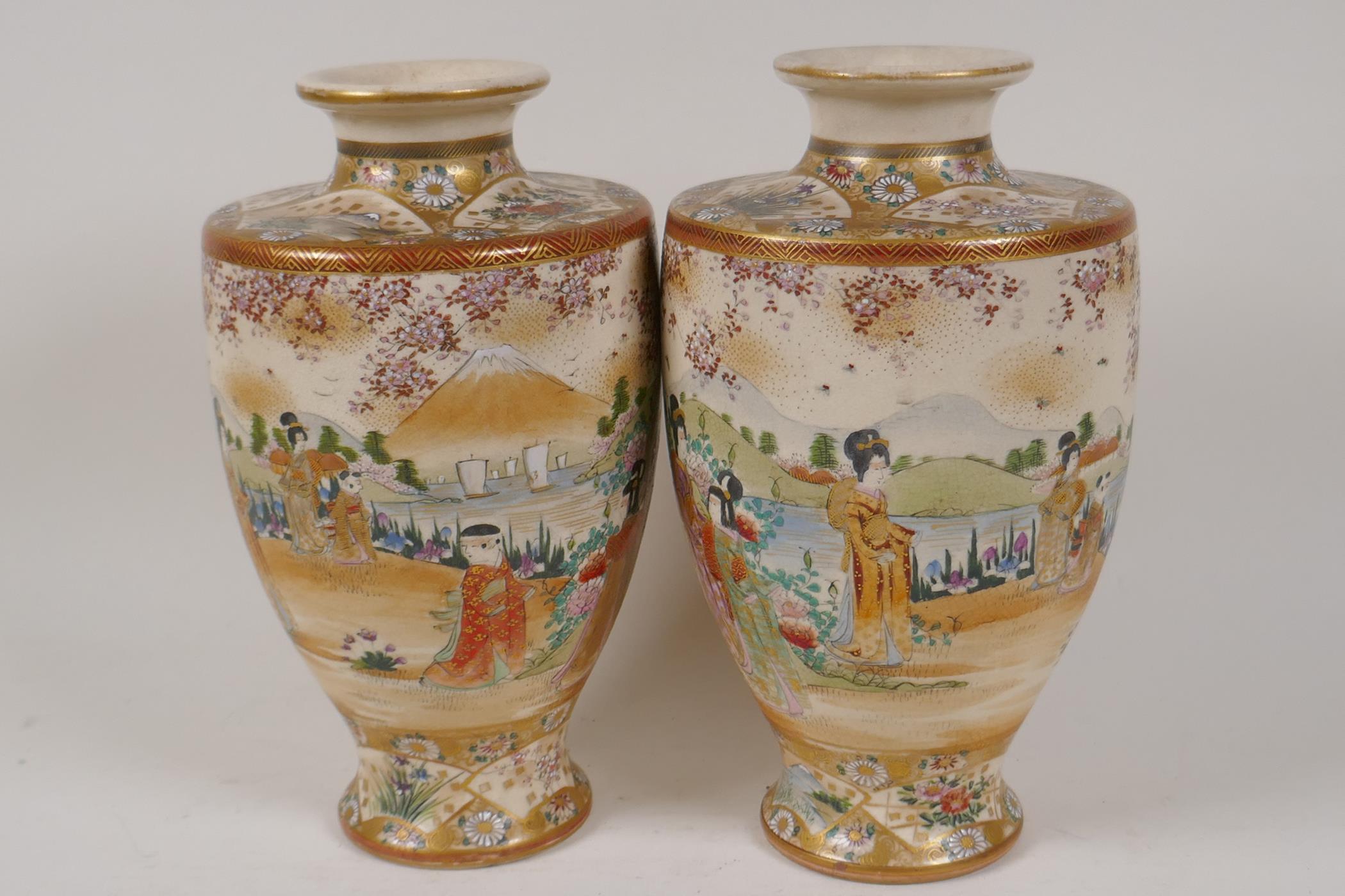 A pair of Meiji period Satsuma porcelain vases painted with figures in a continuous garden scene, - Image 2 of 9