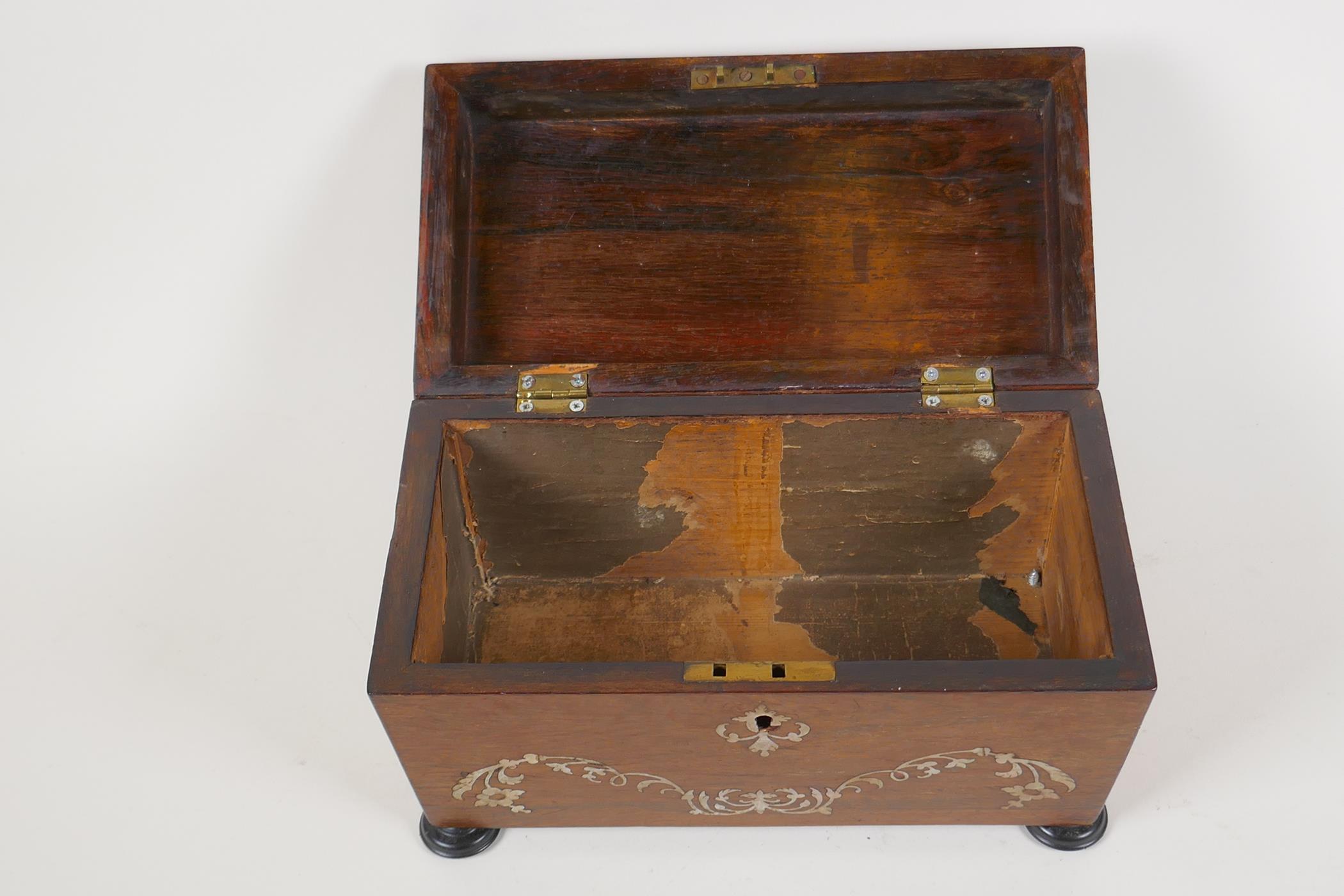 A C19th mother of pearl inlaid rosewood sarcophagus shaped tea caddy, no interior, 10" x 5½" x 6" - Image 5 of 6