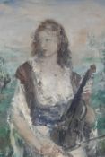 Aurell Naray, portrait of a young woman with a violin, signed, oil on canvas, unframed, 27" x 19"