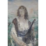 Aurell Naray, portrait of a young woman with a violin, signed, oil on canvas, unframed, 27" x 19"