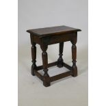 An antique oak joynt stool, with pegged joints and top, 15" x 12" x 18½"