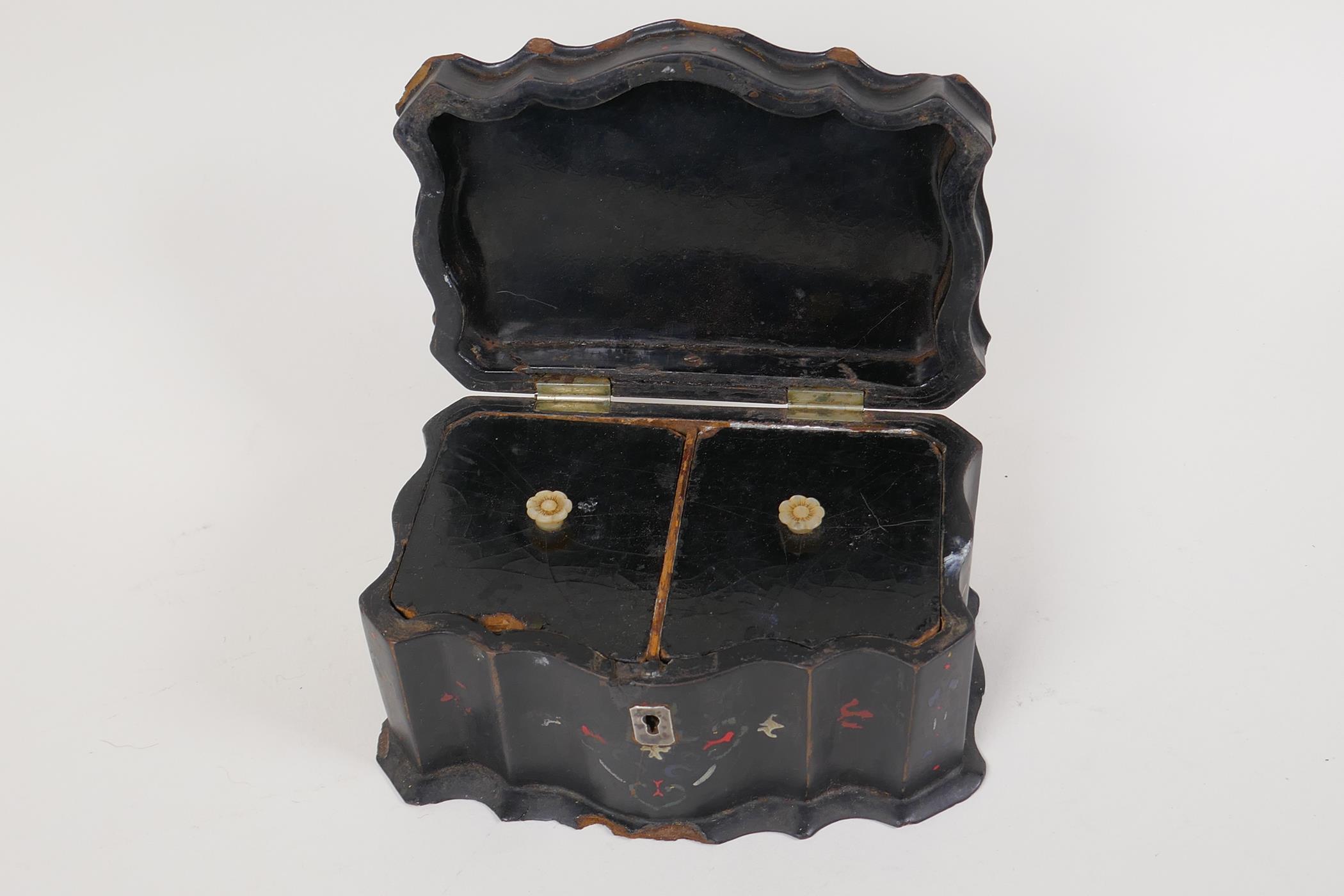 A Chinese mother of pearl inlaid papier mache two compartment tea caddy, AF, 7" x 4½" x 3½" - Image 5 of 7