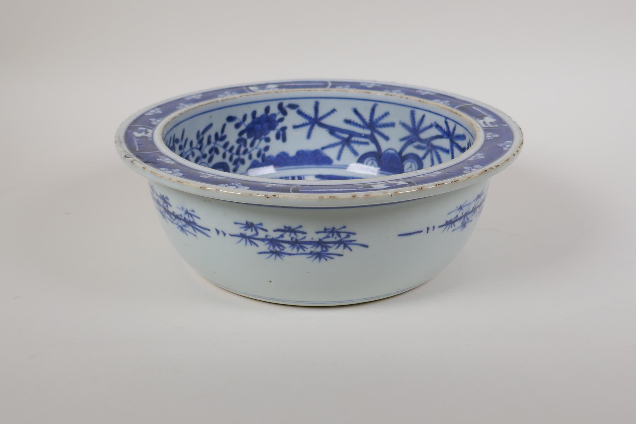 A Chinese Republic period blue and white porcelain steep sided bowl, decorated with figures in a - Image 4 of 5