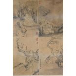 Four Chinese monochrome prints of scholars in a landscape, one framed, each print 8" x 11"