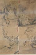 Four Chinese monochrome prints of scholars in a landscape, one framed, each print 8" x 11"