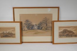 Giuseppe Carelli, watercolour illustration of Chiswick House, 14" x 10", and two smaller views