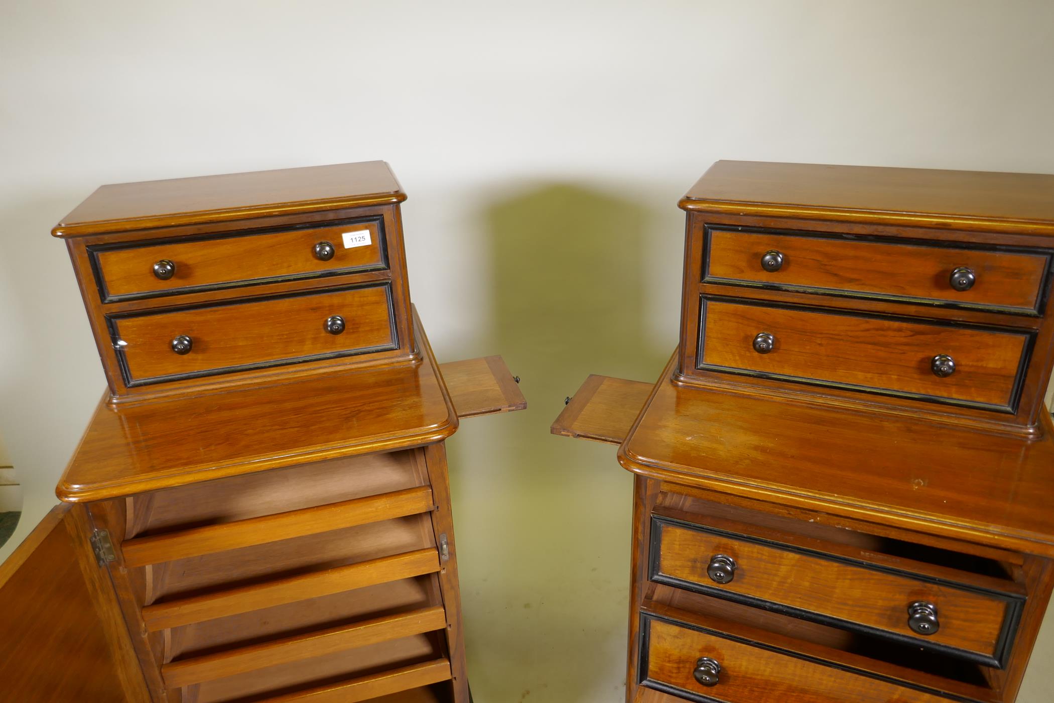 A pair of C19th walnut cabinets with ebony mouldings, one with six drawers, the other two drawers - Image 4 of 8