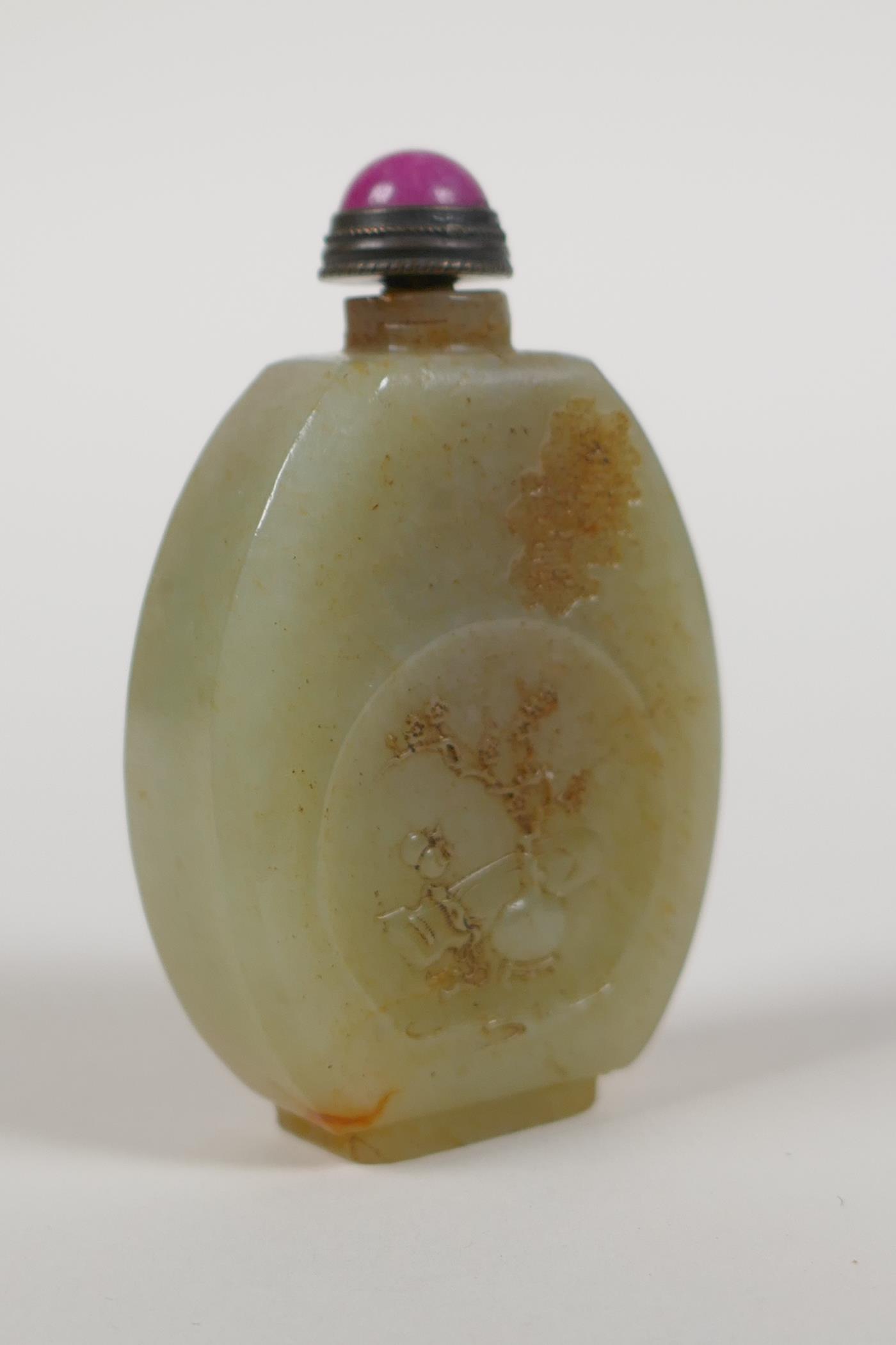 A Chinese celadon jade snuff bottle with objects of virtue and figural decoration, 2½" high - Image 2 of 3