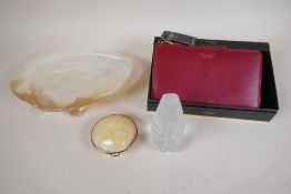 A boxed Osprey leather purse (new with tags), a shell dish, shell trinket box and a glass head