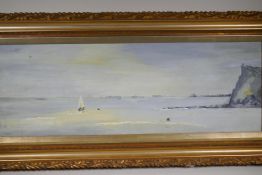 Ruby, coastal scene with sailing boat and distant moored shipping, signed, oil on board, 37" x 12"