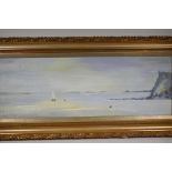 Ruby, coastal scene with sailing boat and distant moored shipping, signed, oil on board, 37" x 12"