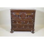 William and Mary oak chest with applied decoration and panelled sides, raised on turned supports,