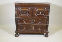 William and Mary oak chest with applied decoration and panelled sides, raised on turned supports,