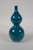 A turquoise glazed porcelain double gourd stem vase, Chinese Guangxu 6 character mark to base, 7"