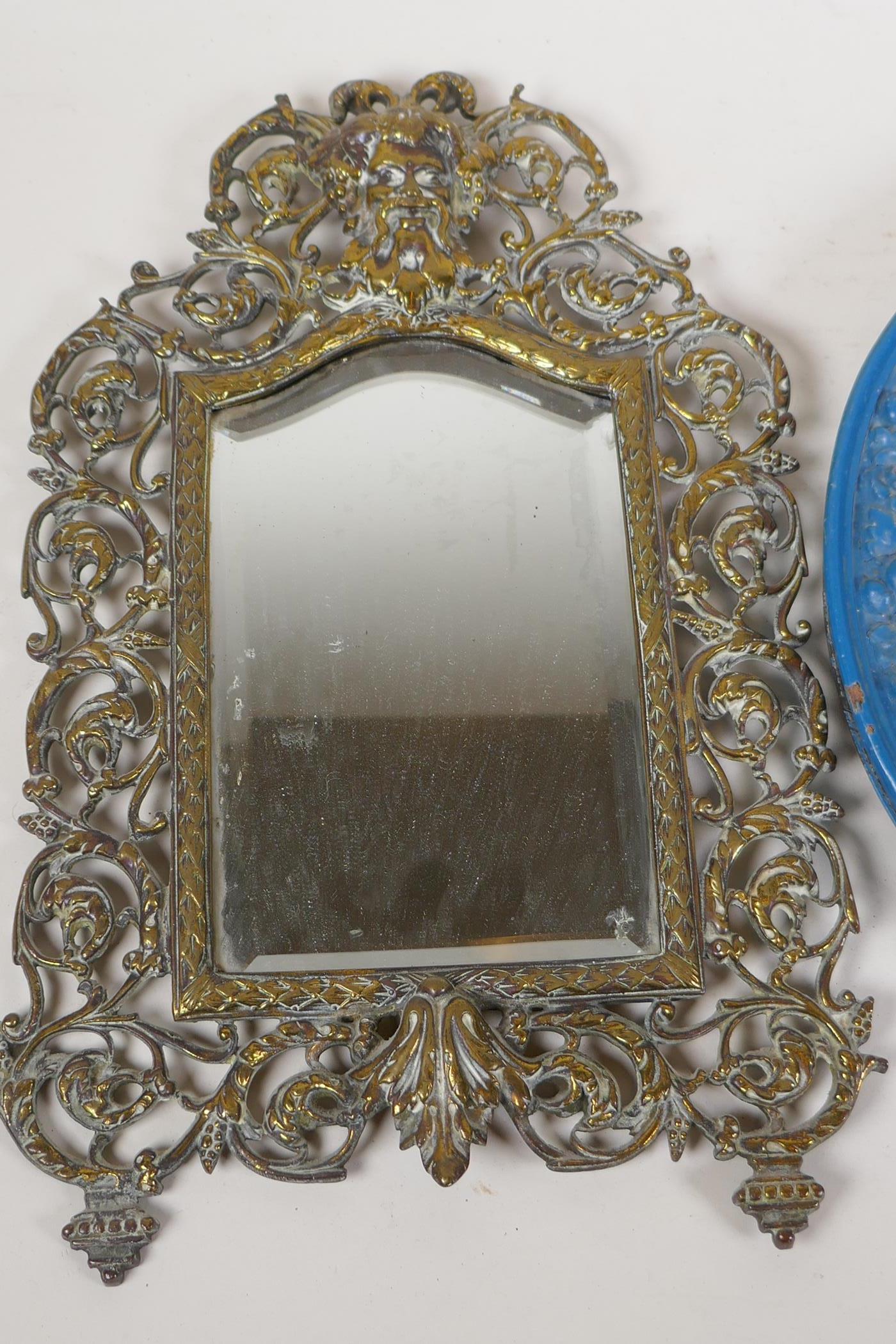 A pierced brass framed pier glass mirror, decorated with the head of Baccus, 15" x 10", and a pier - Image 2 of 3