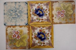 Five C19th Staffordshire tiles with floral decoration, 1AF, 6" square